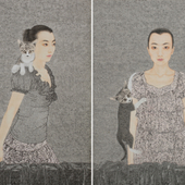 方正 少女与猫 2011年 方正作品90cmX130cm宣纸 中国画颜料 拷贝