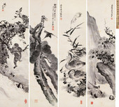 李石君 壬申（1932）年作 指画花鸟四条屏 立轴